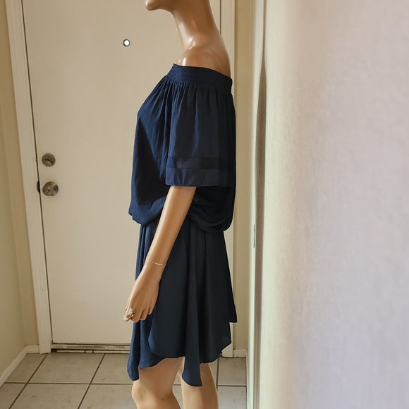 RAMY BROOK JESSICA SMOCKED OFF SHOULDER elastic waist navy blue mini dress sz L - Picture 6 of 10